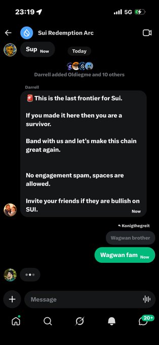 A screenshot of a WhatsApp group chat titled 'Sui Redemption Arc' containing crypto-related messages about 'SUI' with users responding 'Wagwan fam'.