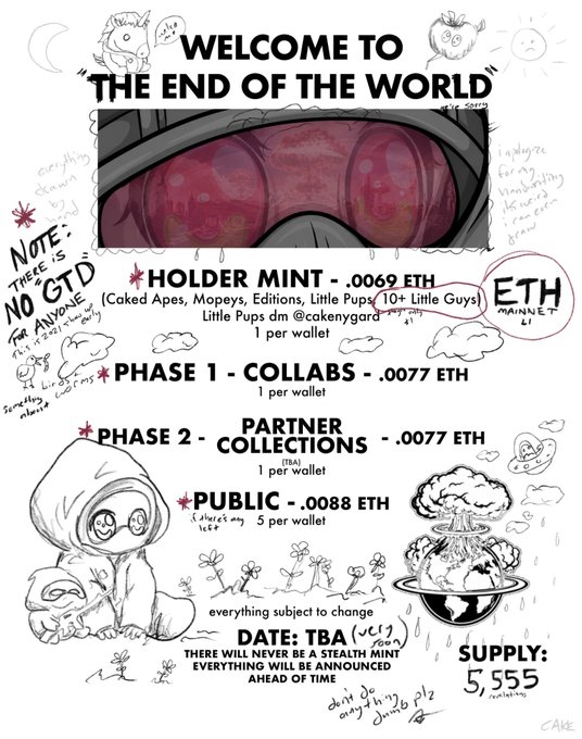 A handwritten-style promotional flyer titled 'WELCOME TO THE END OF THE WORLD' advertising an NFT mint on ETH mainnet with various pricing phases and a supply of 5,555.