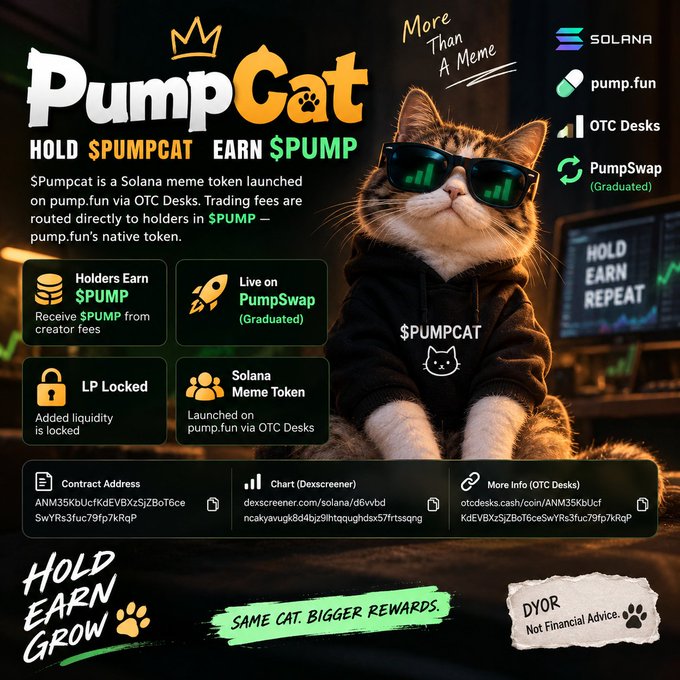 A promotional poster for "PumpCat," a Solana meme token on pump.fun, showing a cat in sunglasses with text "HOLD $PUMPCAT EARN $PUMP" and listing contract address, Dexscreener chart link, and other details.