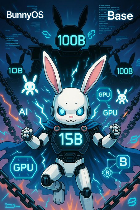 A futuristic bunny mascot in armor displaying '15B' on its chest, with 'BunnyOS' and 'Base' text, '100B' tags, and 'AI' and 'GPU' labels in the background.