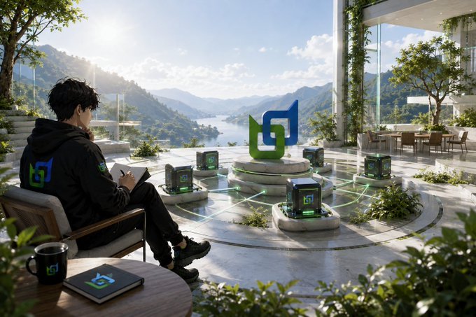 A digitally rendered scene of a person in a hoodie sitting on a balcony overlooking mountains and a lake, with a holographic logo and interconnected nodes suggesting a tech or crypto platform.