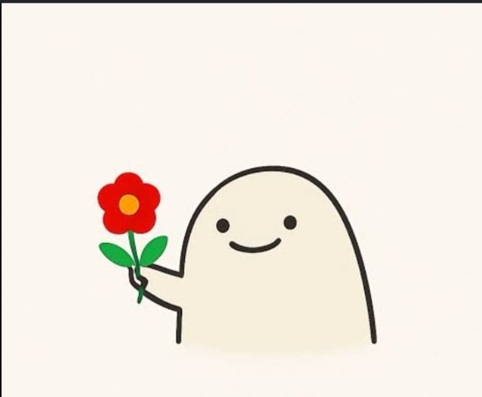 A simple cartoon illustration of a smiling white blob-like character holding a red flower with a green stem.
