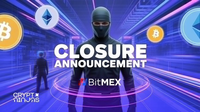 A graphic with the text "CLOSURE ANNOUNCEMENT" and the BitMEX logo, featuring a person in a black mask and hood with Bitcoin and Ethereum symbols.