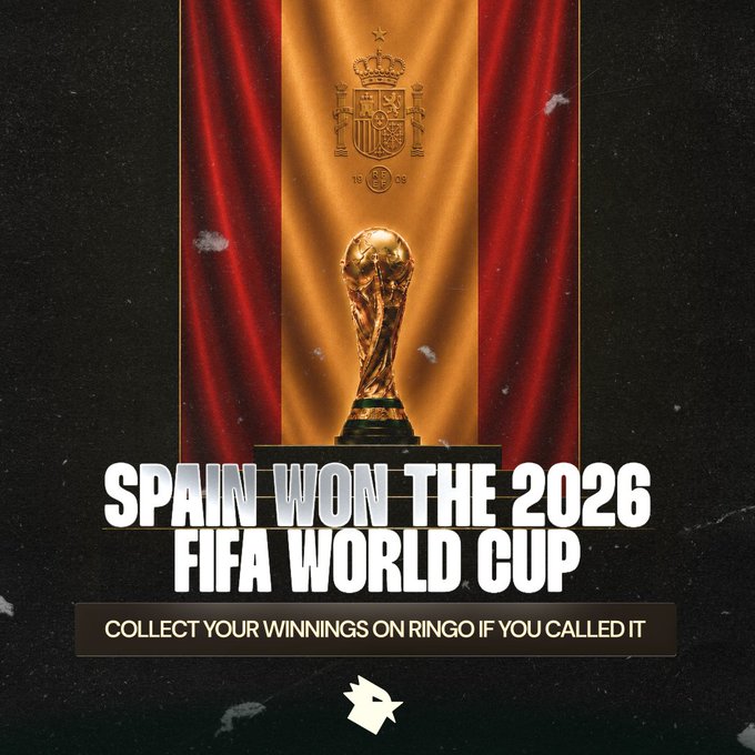 A sports betting advertisement showing the FIFA World Cup trophy against a Spanish flag backdrop with royal crest, reading 'SPAIN WON THE 2026 FIFA WORLD CUP - COLLECT YOUR WINNINGS ON RINGO IF YOU CALLED IT'.