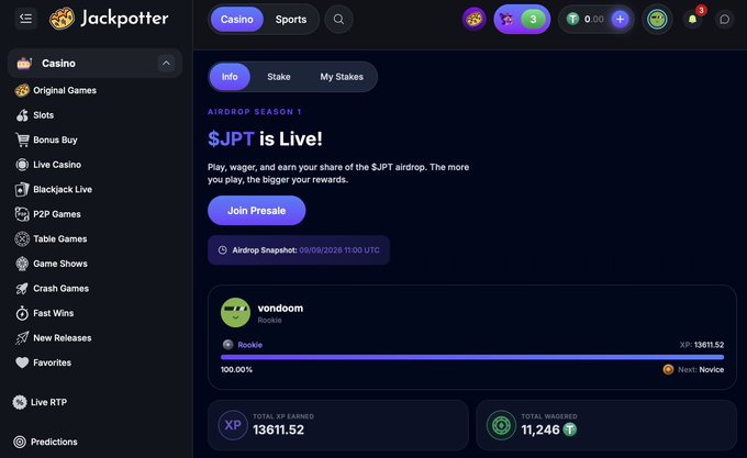 A screenshot of the Jackpotter casino platform shows a player profile "vondoom" at Rookie level with 13,611.52 XP and 11,246 total wagered, alongside a promotional banner announcing "$JPT is Live!" with an airdrop snapshot dated 08/08/2026 at 11:00 UTC, visually supporting the user's claim about receiving $JPT airdrop rewards for platform activity.