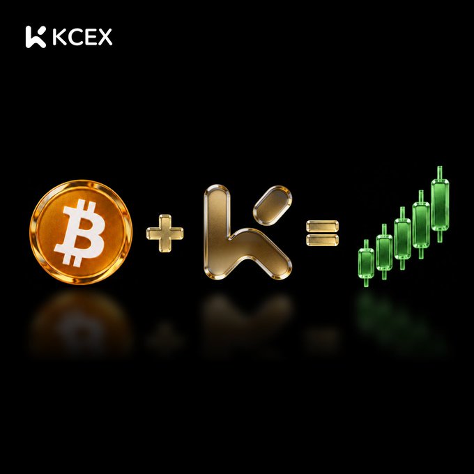 A cryptocurrency graphic showing the equation 'Bitcoin + K (token) = [rising green candlesticks]' with the 'KCEX' logo in the top left corner.