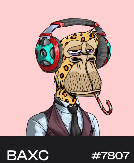 Digital artwork featuring a stylized leopard character wearing teal and red headphones, a white shirt, black tie, and burgundy vest, with a candy cane, labeled 'BAXC #7807' on a black footer.