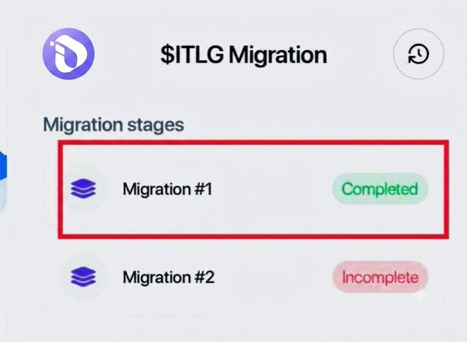 Interface showing '$ITLG Migration' stages, with Migration #1 marked as Completed and Migration #2 marked as Incomplete, highlighted with a red box.