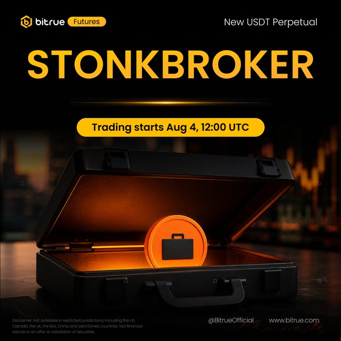 Promotional image for Bitrue Futures announcing the new STONKBROKERUSDT perpetual contract, set to begin trading on August 4 at 12:00 UTC, featuring an open black briefcase with a glowing orange coin inside on a dimly lit bar background.