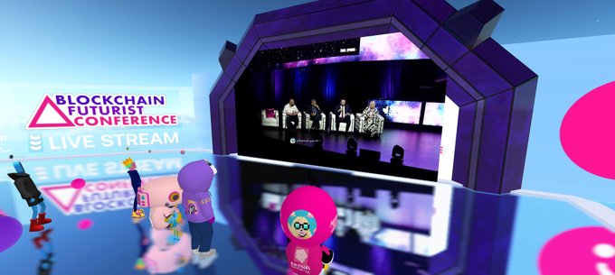 A vibrant 3D virtual livestream of the "Blockchain Futurist Conference" in the Metaverse, with stylized avatars gathered in front of a purple-lit stage where panelists are seated, capturing the immersive Day 2 event experience at oncyber.io/futurist from Toronto.