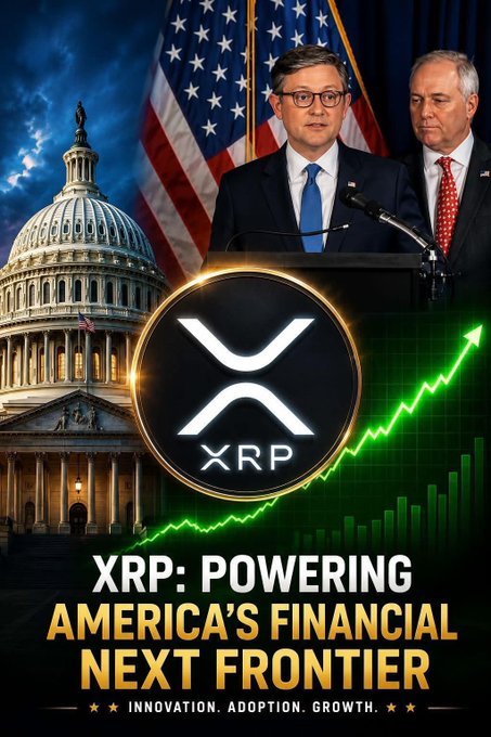 A dramatic promotional graphic featuring the U.S. Capitol building, American flags, and two officials (appearing to be political figures) standing at a podium, overlaid with the XRP logo and a green rising chart arrow. Bold text reads "XRP: POWERING AMERICA'S FINANCIAL NEXT FRONTIER — INNOVATION. ADOPTION. GROWTH." The image relates to the post by visually tying the cryptocurrency XRP to the ongoing Crypto Clarity Act negotiations, suggesting legislative developments could position XRP as a key player in America's financial future.