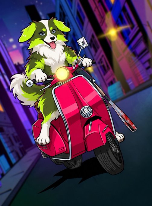 A cartoon illustration of a green and white dog riding a pink scooter with a bloody bat attached, speeding through a colorful nighttime cityscape.