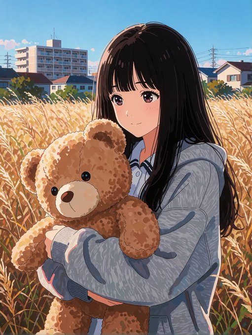 An anime-style illustration of a smiling girl with long dark hair hugging a large brown teddy bear in a field of tall golden grass, with buildings and a blue sky in the background.