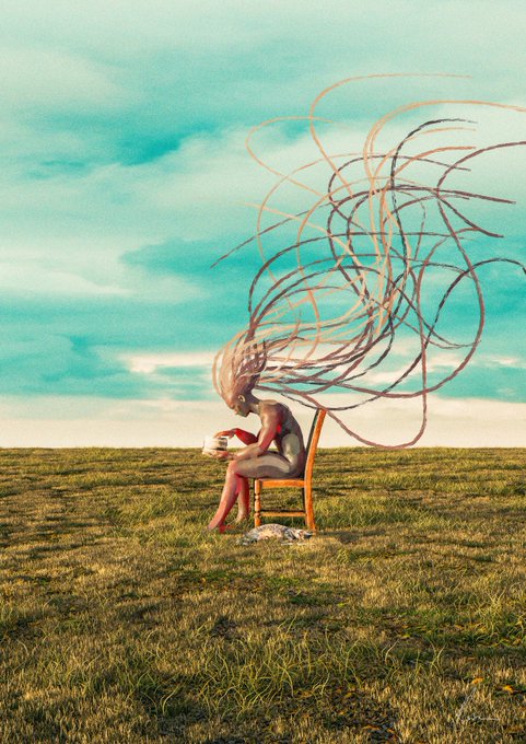 A surreal digital art piece showing a slender figure sitting on a wooden chair in a vast grassy field under a teal sky, with their long hair transforming into swirling, wind-blown threads or tentacles extending across the sky.