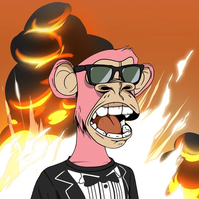 A cartoon illustration shows a screaming pink monkey wearing black sunglasses and a tuxedo with a bow tie, set against a backdrop of orange flames and explosions.
