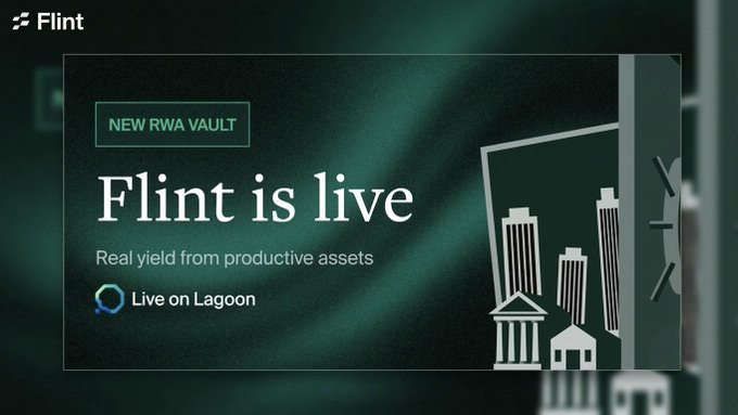 The image is a screenshot of a banner from the blog Post Your Own Lagoon, located at flintrwa.com. The content of the banner is related to the new RWA vault offered by Flintrwa, which allows users to invest in real estate-backed opportunities with a 10% target APR and weekly distributions. This investment platform is powered by Lagoon's ERC-7507 infrastructure and comes with various incentives such as Merkl rewards that can boost returns on investment.