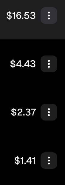 A dark mobile app screen shows a list of cryptocurrency prices including $16.53, $4.43, $2.37, and $1.41, each with a menu icon.