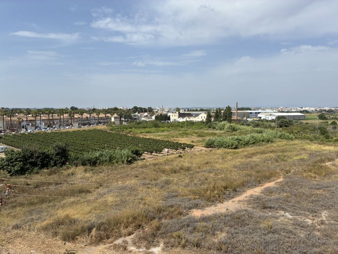 An outdoor daytime landscape photo showing dry grass in the foreground, agricultural fields, and an industrial area with palm trees and buildings in the distance under a partly cloudy sky.