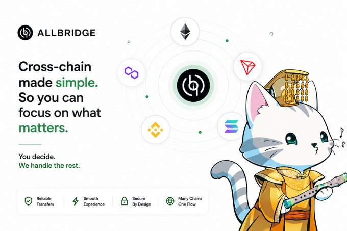 A promotional banner for Allbridge reads 'Cross-chain made simple. So you can focus on what matters' alongside an illustration of a cat in royal attire holding a scroll, with icons for Ethereum, Tron, Polygon, Binance, and Solana.