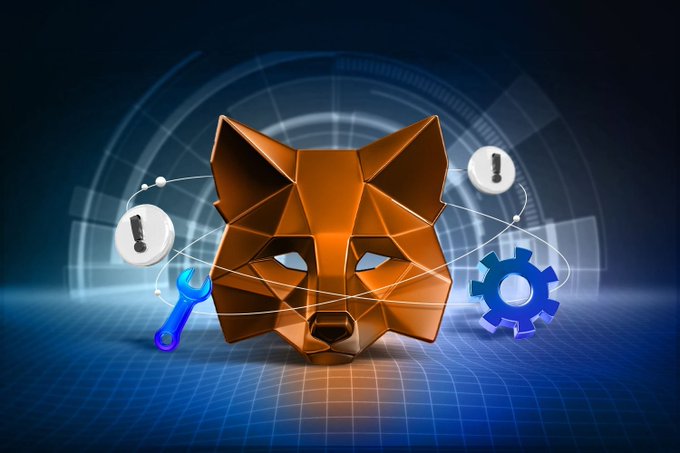 A 3D rendered metallic orange geometric wolf head with surrounding icons including a wrench, gear, and exclamation marks on a blue technical grid background.