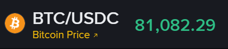A Bitcoin price ticker showing BTC/USDC at 81,082.29.
