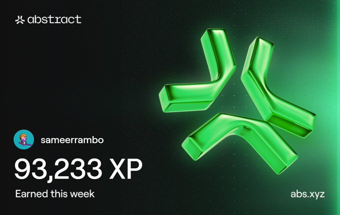 A digital graphic displays the Abstract logo with green 3D shapes, showing "sameerrambo" with "93,233 XP Earned this week" and the URL abs.xyz.