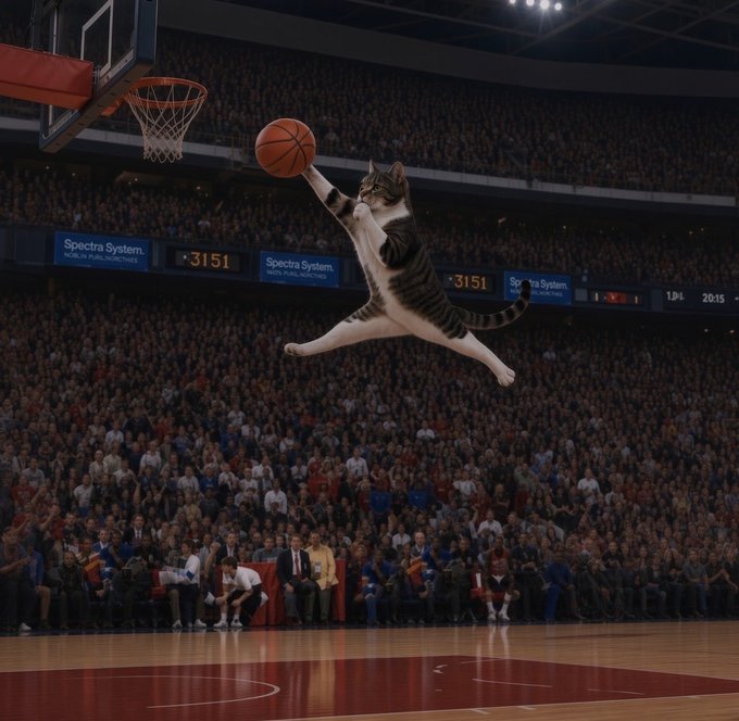 A tabby cat soars through the air at a packed basketball arena, stretching to dunk an orange basketball toward the hoop, with the scoreboard reading "3151" and "1:04" alongside "Spectra System Moving Public Monotories" ads—capturing the athletic prowess behind the "GOAT" Thinking Cat hype around $HMM.