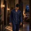 A man in dark blue pajamas walks through a warmly lit hallway with wooden floors.