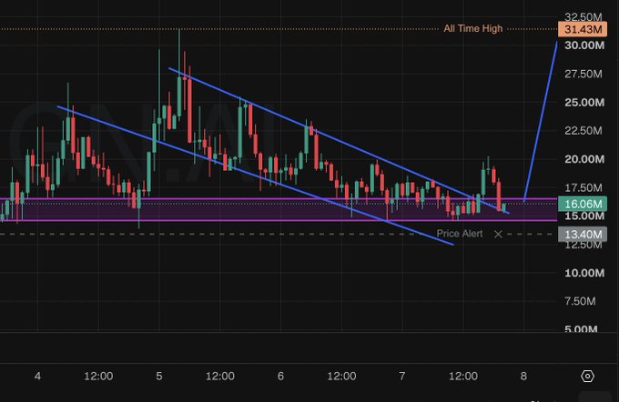 A candlestick chart for the "$HOOKR" token shows price consolidating around the 16.08M support level after breaking out of a descending wedge pattern, with a "Price Alert" at 13.40M and an "All Time High" marked at 31.43M. The clean, structured price action within the highlighted support zone visually supports the poster's claim that the chart is controlled by market makers and is poised for a significant upward move upon retest.