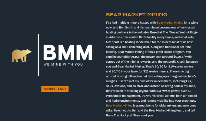 A promotional graphic for 'BEAR MARKET MINING' with their 'BMM WE MINE WITH YOU' logo, featuring a lengthy text testimonial from 'The Hobbysist Miner' praising their hosting services and profit-share program for ASIC miners.