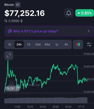 A cryptocurrency tracking app displays Bitcoin (#1) at $77,252.16, up 0.85% with a green 24-hour price chart.