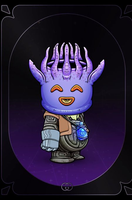 Purple alien/creature NFT character with multiple eye stalks wearing a spacesuit with a 'CG' badge on a dark background.