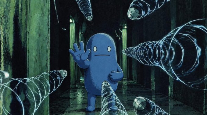A blue cartoon mascot character standing in a dark hallway with its hand raised defensively as glowing translucent drill-like projectiles spiral toward it.