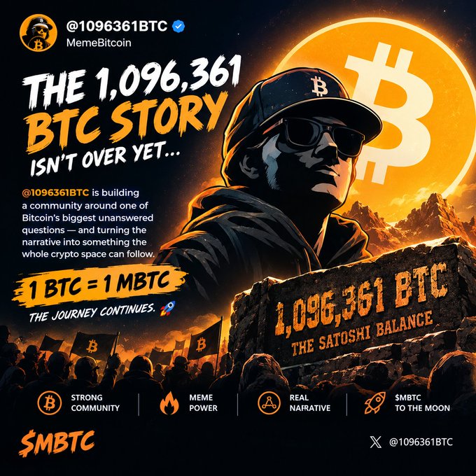 A promotional graphic for the cryptocurrency project @1096361BTC, featuring a stylized illustration of a person in sunglasses and a Bitcoin cap against a large Bitcoin symbol. The text reads 'THE 1,096,361 BTC STORY ISN'T OVER YET...' and promotes community features like 'STRONG COMMUNITY', 'MEME POWER', 'REAL NARRATIVE', and 'SMBTC TO THE MOON' with the slogan '1 BTC = 1 MBTC'.