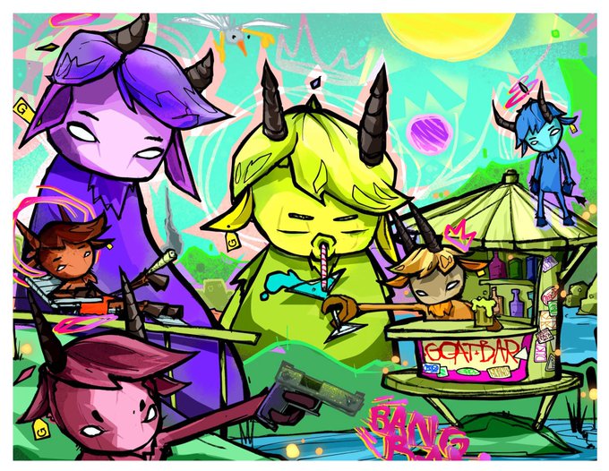 Colorful cartoon artwork for 'Faygo Bang,' featuring various stylized horned demon characters in a vibrant outdoor setting with a refreshment stand labeled 'BEER'.