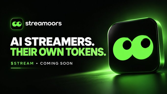 A promotional graphic for 'streamoors' featuring a glowing green infinity-symbol logo on a dark background, advertising 'AI STREAMERS. THEIR OWN TOKENS.' with '$STREAM • COMING SOON'.