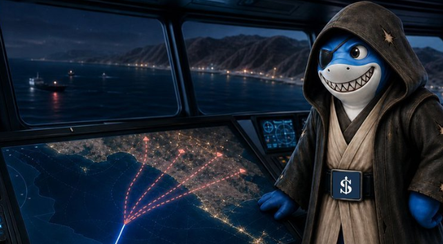 A digital artwork of a cartoon shark character dressed as a Jedi with a dollar sign ($) on its belt, standing in a high-tech control room overlooking a nighttime coastline with ships.