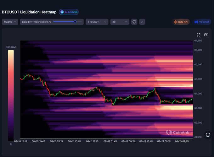 A BTCUSDT liquidation heatmap from CoinAnk showing price action between roughly $61,000 and $67,650 over a 3-day period, with liquidity clusters visualized in purple and yellow bands.