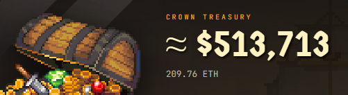 A pixel-art style graphic displays a 'CROWN TREASURY' balance of approximately $513,713 and 209.76 ETH, next to an illustration of a treasure chest and gems.