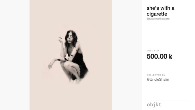 An NFT listing on objkt shows a black and white photograph of a woman holding a cigarette, titled 'she's with a cigarette' by @sexafterflowers, sold for 500.00 ꜩ to @UncleShaiin.