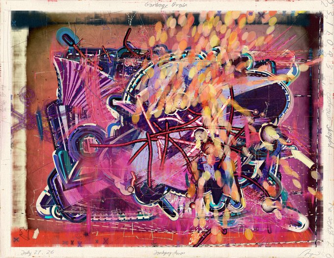 A colorful abstract painting titled 'Garbage Brain' with chaotic graffiti-style elements in pink, purple, orange, and blue, dated 'July 27, 26'.