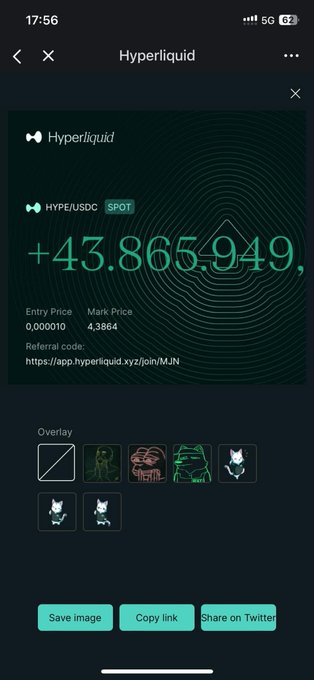 A mobile app screenshot for Hyperliquid showing a HYPE/USDC SPOT position with +43,865,949, entry price 0.00010, mark price 4.3864, and overlay selection options.