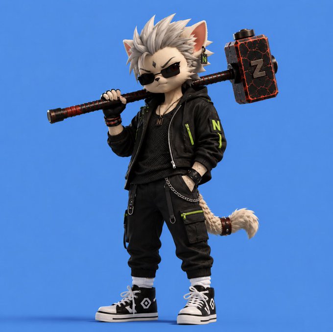 A 3D-rendered anthropomorphic wolf character with white fur wearing sunglasses, a black jacket with 'N' logos, and holding a large hammer with a 'Z' symbol, standing against a blue background.