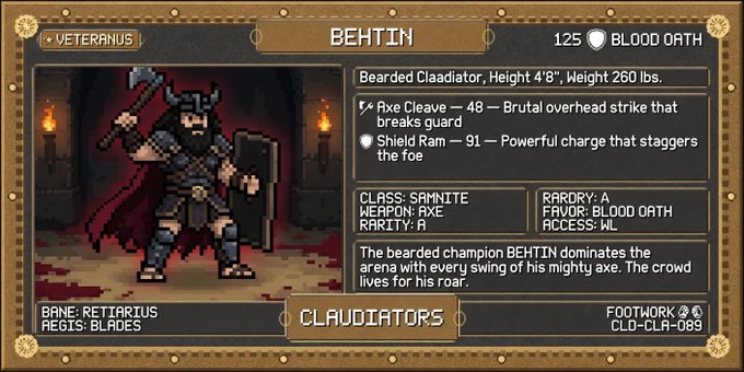 A character card for 'BEHTIN', a 'Bearded Gladiator' in the CLD-CLA-089 set, marked as a Veteranus with Class Samnite, wielding an axe and shield with abilities 'Axe Cleave' and 'Shield Ram'.