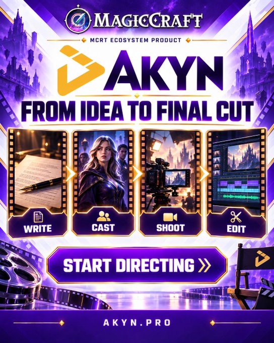 An advertisement for 'AKYN' by MagicCraft featuring the tagline 'FROM IDEA TO FINAL CUT' with icons for Write, Cast, Shoot, and Edit.