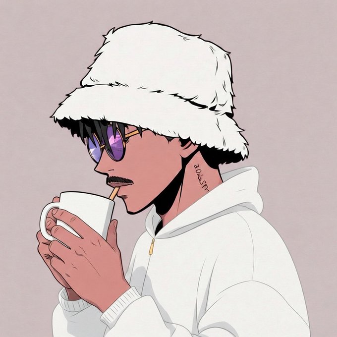 Anime-style illustration of a character wearing a fluffy white bucket hat, purple-tinted sunglasses, and a white hoodie, drinking from a white mug with '10456r' tattooed on their neck.