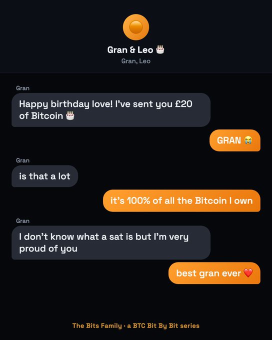 A Bitcoin-themed chat graphic titled "Gran & Leo" shows Gran sending £20 of Bitcoin, with messages including "is that a lot," "best gran ever," and "The Bits Family - a BTC Bit By Bit series."