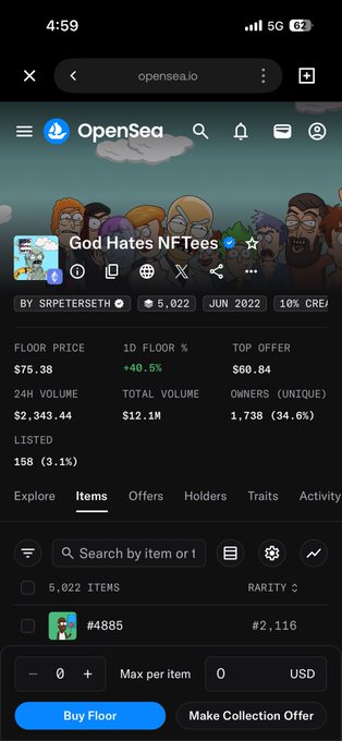 A mobile screenshot of the OpenSea NFT marketplace displaying a collection called "God Hates NFTeos" by SRPeterseth, showing a floor price of $75.38 and 10% royalty.