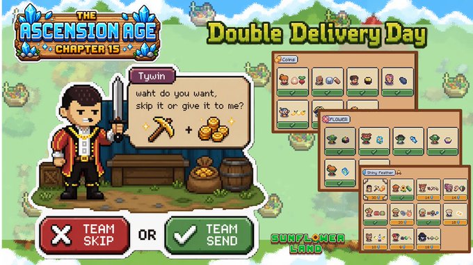 Screenshot from the game 'The Ascension Age' showing 'Double Delivery Day' with a character named Tywin offering to skip or send coins, with various item reward panels visible.