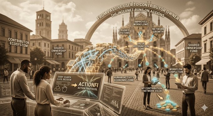 The image shows a group of people standing around an interactive display that explains the concept of ActionFi. They are engaged with the display, which features a large screen displaying information about internet usage and its impact on content creators. The scene takes place in front of a cityscape, providing context to the discussion surrounding the topic.